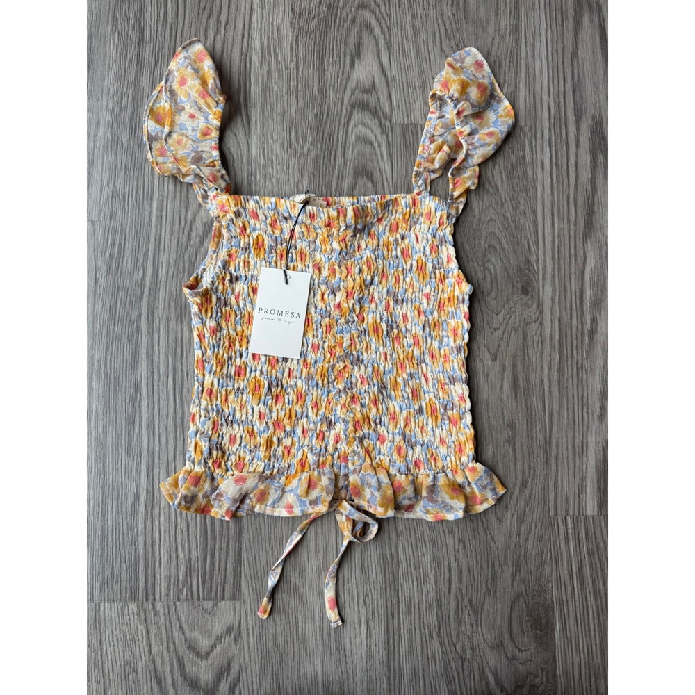 Promesa Floral Smocked Crop Top Yellow Blue Ruffle Sleeve Small NWT